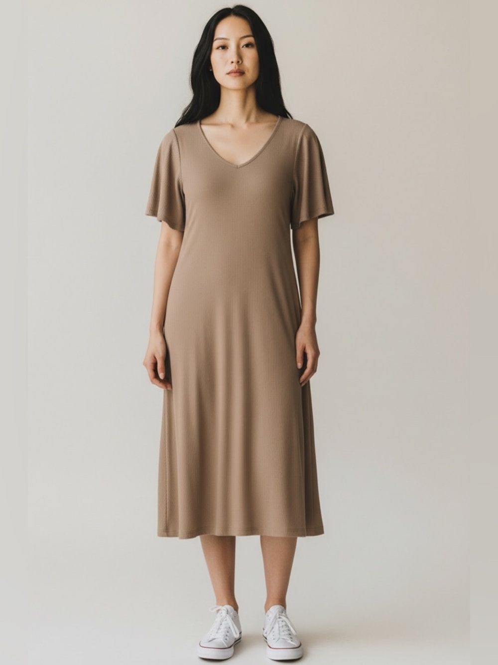 Zenana Outfitters Mocha V-Neck Flutter Sleeve Midi Dress